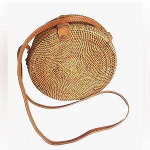 Handwoven Round Rattan Bag (Plain Weave Leather Closure), Straw Bag